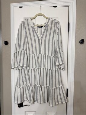 Lands' End Striped Tiered V-Neck Midi Dress - White & blue/Gray